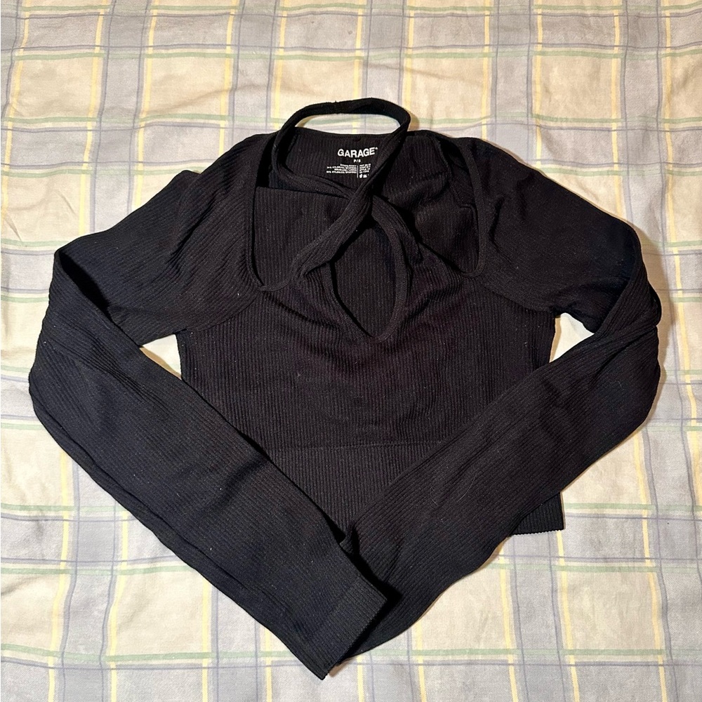 Garage Black Fitted Criss Cross Neck Longsleeve